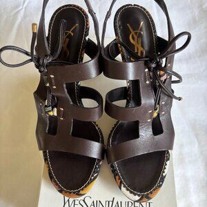 YSL Rive Gauche Brown Leather Strappy Sandal